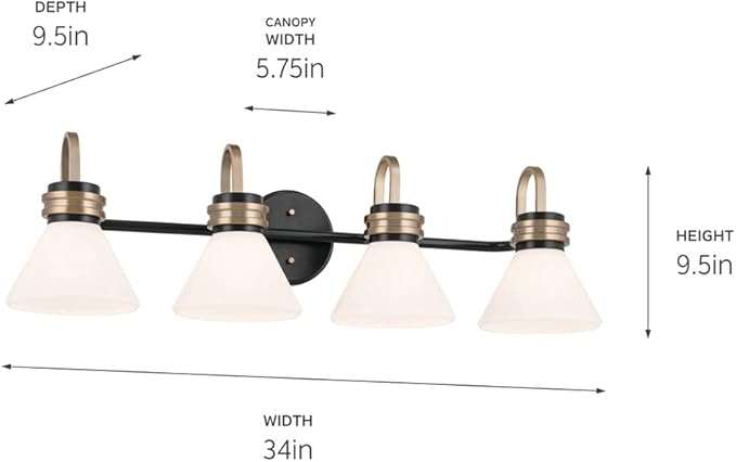 Kichler Farum 34" 4-Light Bathroom Vanity Light Fixture with Opal Glass in Black, Modern Over Mirror Lighting for Single or Double Vanity, Powder Room (34" W x 9.5" H), 55156BK