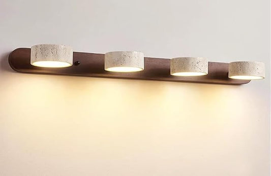 LED Bathroom Vanity Light, Travertine Stone Light Fixture, 360° Rotatable Stone Lampshades, Modern Rustic Wall Lamp for Bedroom, Living Room, Hallway (Walnut Wood-4 Lights)
