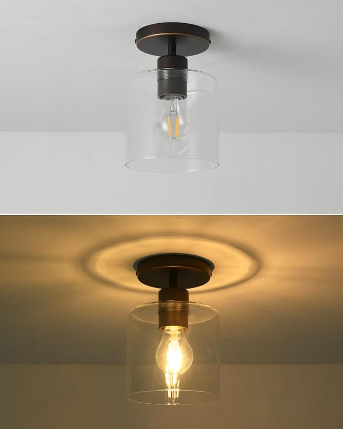 Brown and Gold Semi Flush Mount Ceiling Light,Modern Farmhouse Ceiling Light Fixture for Closet Entryway,Hallway Light Fixture 5.9in Clear Glass Shade 2 Pack