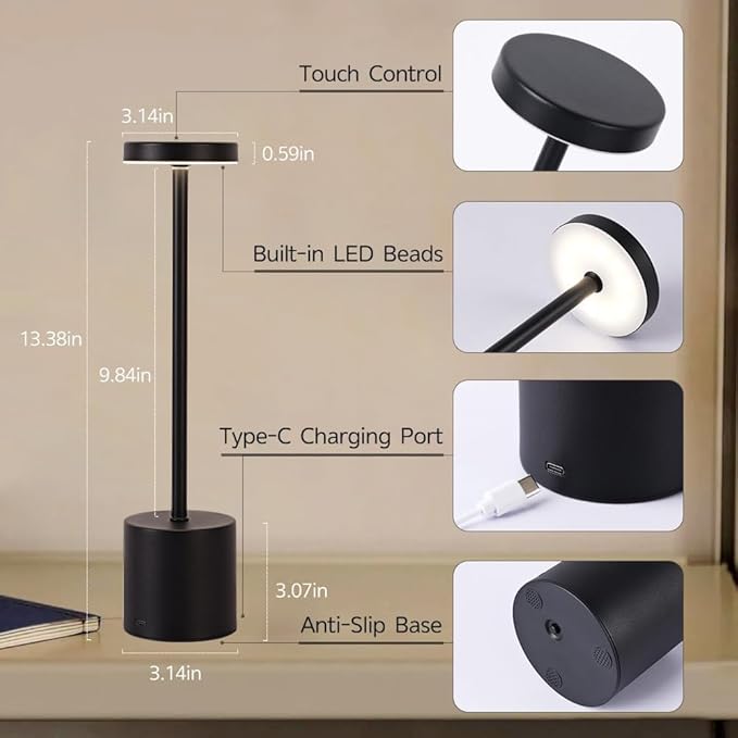 2 Pack LED Cordless Table Lamps, 3 Color Stepless Dimming Battery Powered Lamp, Portable Rechargeable Table Lamp for Dinner/Bars/Patio/Restaurant/Bedroom (Black)