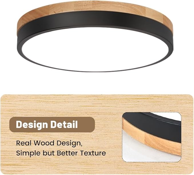 15.8 inch Wood LED Flush Mount Ceiling Light Fixture,42W 4200LM,3000K/3500K/4000K/5000K/6000K CCT Selectable,Close to Ceiling Dimmable Round Flat Panel Light for Bedroom,Hallway,Kitchen,Black