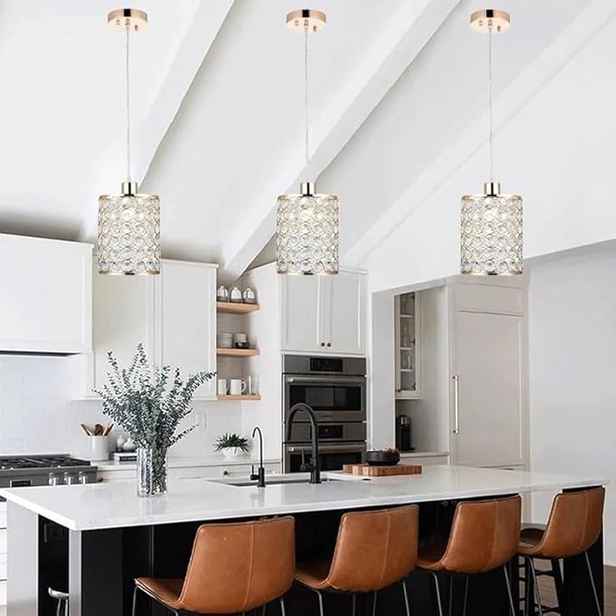 Battery Operated Pendant Lights with Remote 2 Packs,Rechargeable Pendant Light Not Hardwired,Gold Crystal Glass Chandelier Cordless Ceiling Hanging Lamp for Kitchen Island Dining Room Table