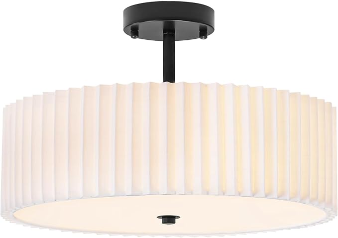 Bargeni 16.5 Inch Semi Flush Mount Ceiling Light,3 Light Modern Black Ceiling Light Fixture with Pleated Fabric Shade,Flush Mount Light Fixture for Bedroom,Living Room,Hallway,Dining Room