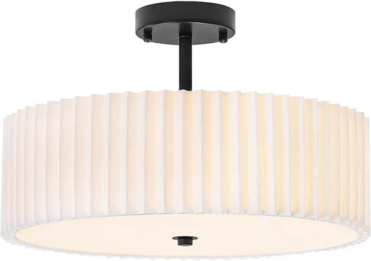 Bargeni 16.5 Inch Semi Flush Mount Ceiling Light,3 Light Modern Black Ceiling Light Fixture with Pleated Fabric Shade,Flush Mount Light Fixture for Bedroom,Living Room,Hallway,Dining Room