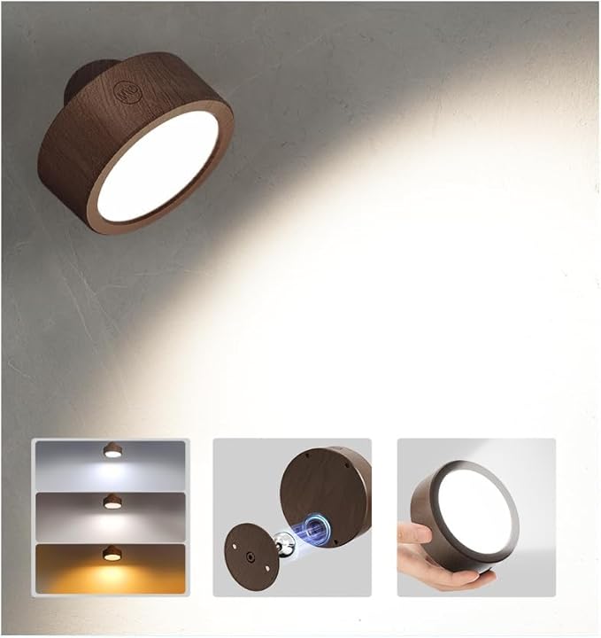 EZVALO LED Wall Mounted Light, 3000mAh Rechargeable Cordless Wall Sconce, Dimmable with Remote & Touch Control, 3 Color Temps, 360° Rotatable for Bedroom, Bedside, Reading(Walnut)