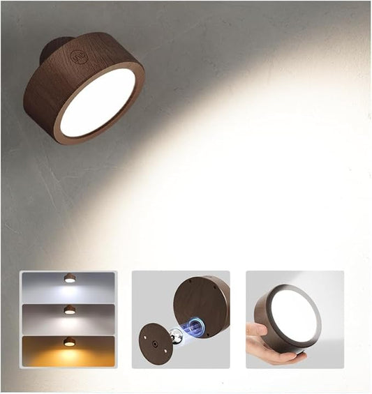 EZVALO LED Wall Mounted Light, 3000mAh Rechargeable Cordless Wall Sconce, Dimmable with Remote & Touch Control, 3 Color Temps, 360° Rotatable for Bedroom, Bedside, Reading(Walnut)