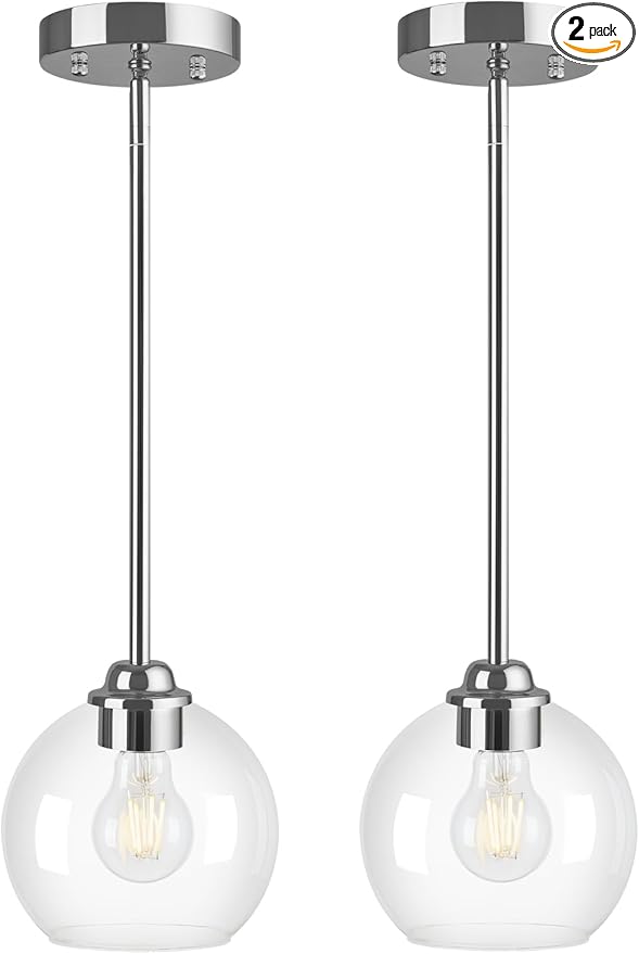 Modern Pendant Light Fixtures 2 Pack, Chrome Globe Pendant Lights with Clear Glass Shade, Pendant Lights for Kitchen Island, Hanging Lights Over Island