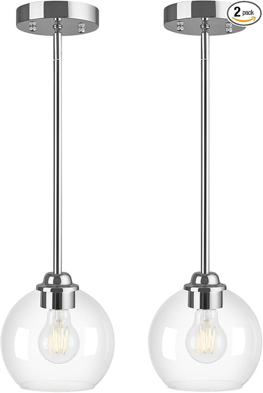Modern Pendant Light Fixtures 2 Pack, Chrome Globe Pendant Lights with Clear Glass Shade, Pendant Lights for Kitchen Island, Hanging Lights Over Island