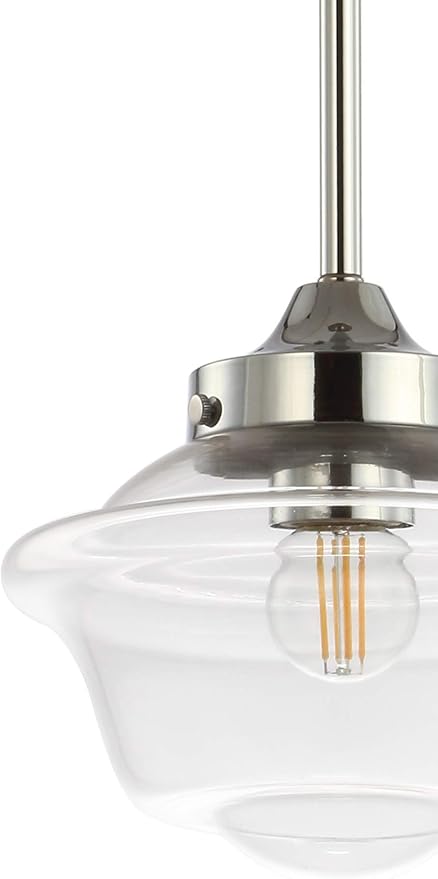 JONATHAN Y 7.25" Chrome Modern Schoolhouse LED Pendant Light Fixture, Adjustable Drop Metal Hanging Lamp with White Glass Shade for Kitchen Island, Dining Room, Foyer (JYL3516B)