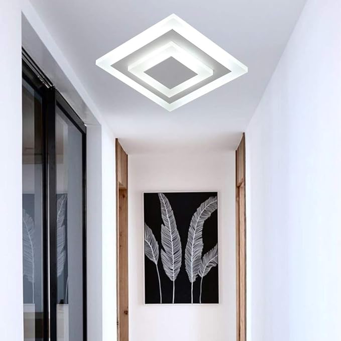 RUNNUP Acrylic Unique Minimalist Ceiling Lamp Minimalist Led Flush Mount Ceiling Light for Dining Hallway Living Kitchen Bedroom Room Kitchen Island Office,White-Square-Cool Light