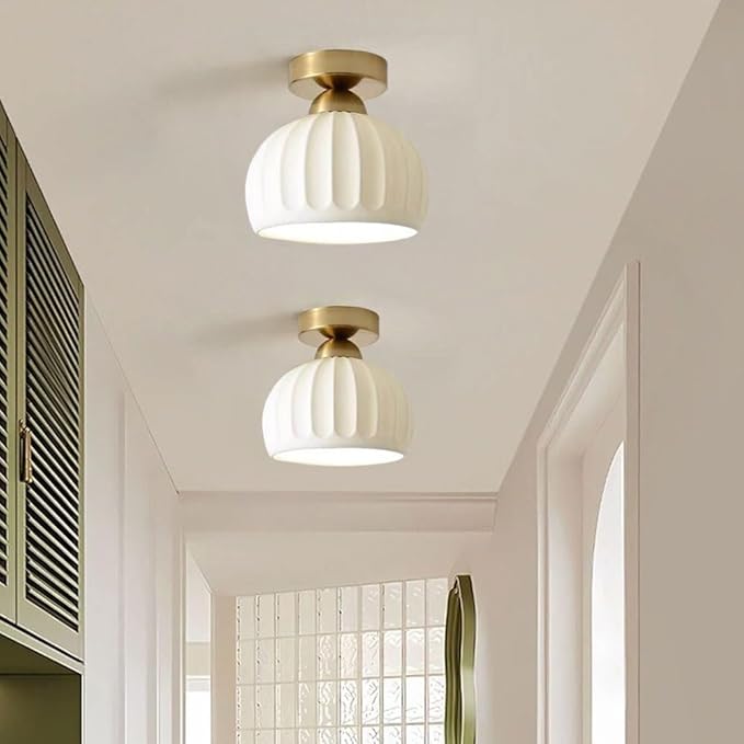 KISAD Modern Minimalist Semi-Flush Mount Ceiling Light Nordic Stripe Ceramics Small Ceiling Lamp Indoor Home Decor Fixture for Hallway Entryway Balcony Closet(Gold)