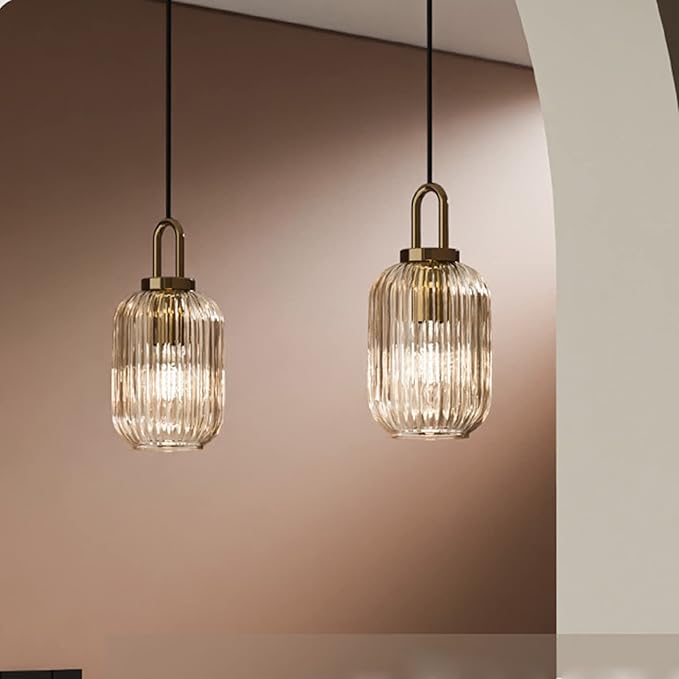 Industrial Vintage Pendant Lighting with Ribbed Glass Lamp Shade and Bronze Finish, Modern Retro Ceiling Light Hanging Lamp for Bedside Dining Table Kitchen Island (Transparent, 5.1")