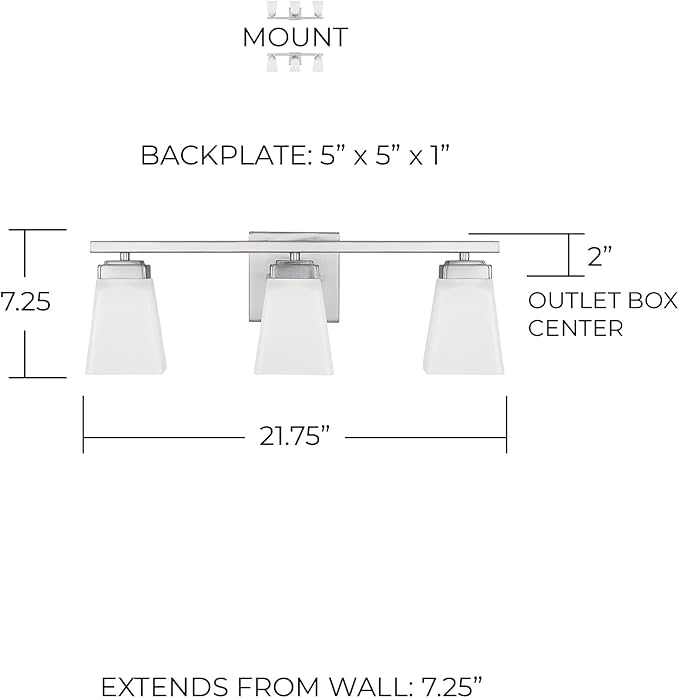 HomePlace Lighting 114431BN-334 Baxley Modern Soft White Glass Bathroom Vanity Wall Light, 3-Light 300 Total Watts, 7"H x 22"W, Brushed Nickel
