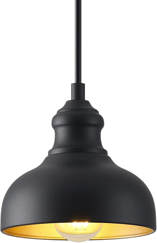 7in Dome Outdoor Pendant Barn Light Black and Brass Kitchen Island Hanging Light Fixture Exterior Small Porch Pendant Lamp Farmhouse Bedroom Hanging Lamp for Bathroom Shop Cafe, Ajustable