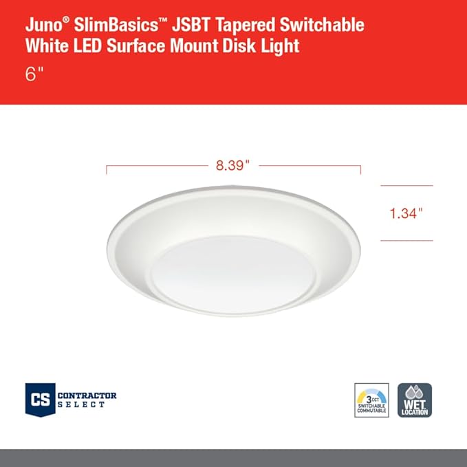 Juno SlimBasics 6 Inch LED Ceiling Light, LED Surface Mount Downlight for Shower Light or Closet Lighting, Selectable White Color, Tapered Trim, Wet Rated, Matte White (JSBT 6IN SWW2 90CRI WL MW M6)