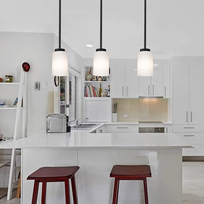 TODOLUZ Black Pendant Light Fixture with Opal White Glass, Farmhouse Mini Chandelier for Kitchen Island Hallway