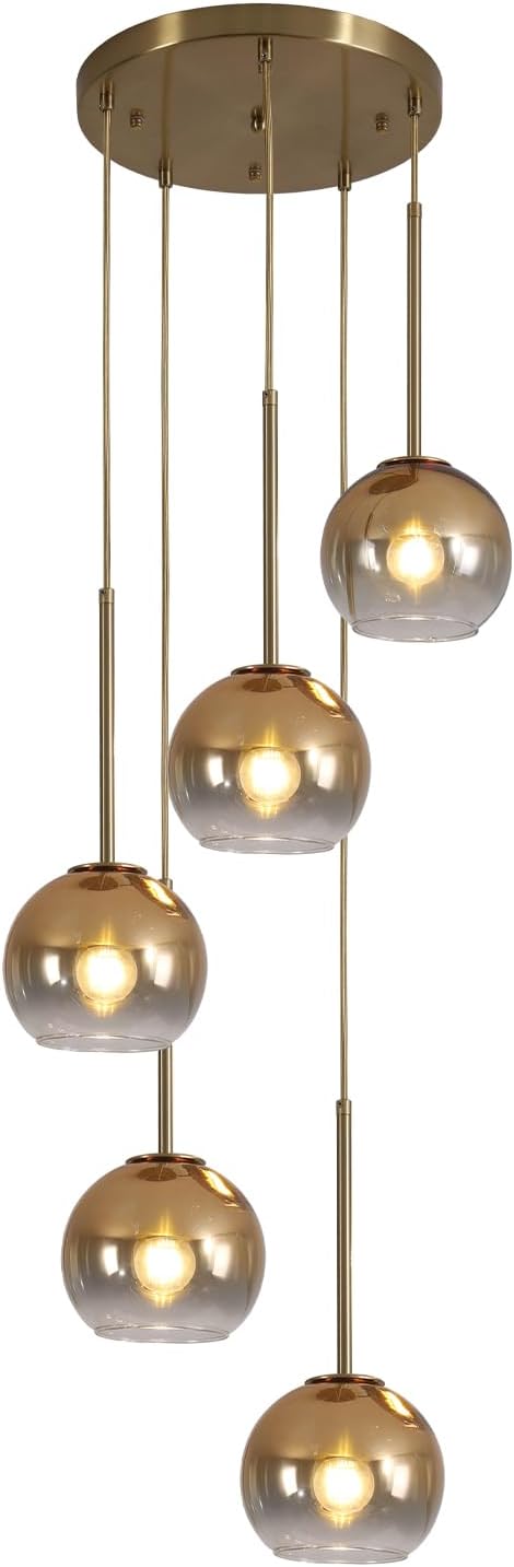 KCO Lighting 5 Light Cluster Pendant Lighting Gold Glass Pendant Light Mid Century Modern Dining Room Light Fixture Small Globe Cluster Chandelier Light Fixture