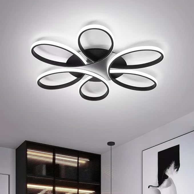 Modern LED Ceiling Light Fixture Black Flush Mount Ceiling Lamp with Remote Control Dimmable 6 Rings Flower Shaped Ideal for Living Room Bedroom Dining Room Kitchen(75CM/29.5IN)