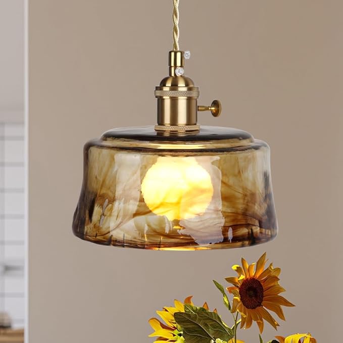 Glass Pendant Lights Kitchen Island Dimmable Mini Pendant Lighting Amber Glass Lampshade for Bedside Dining Room Foyer, Brass