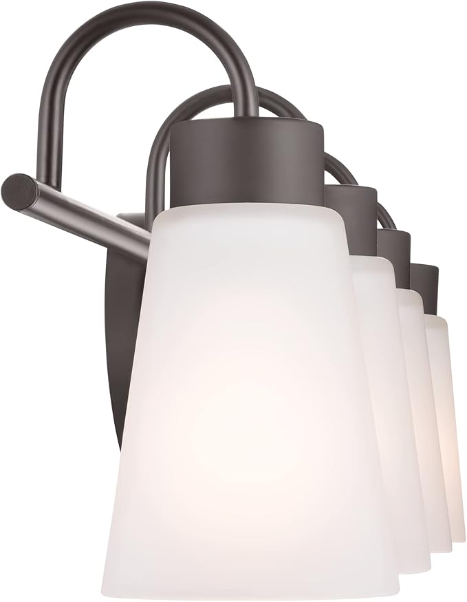 Kichler Erma 4-Light Bathroom Vanity Light Fixture with Satin Etched Glass, Updated Traditional Wall Light in Olde Bronze for Bathroom Mirror (32.5" x 8.5" x 6"), 55127OZ