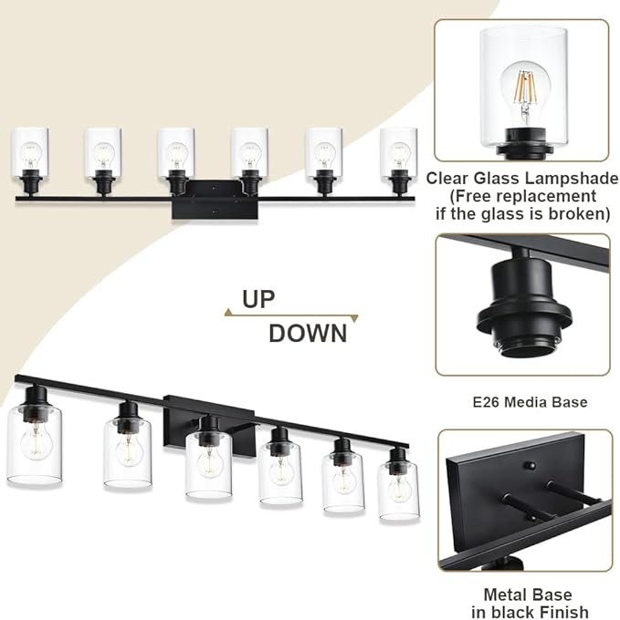 VINLUZ Bathroom Vanity Light Fixtures,6 Light Matte Black Modern Metal Base Wall Sconce Lighting with Clear Glass Shade Wall Mounted Lamp for Mirror