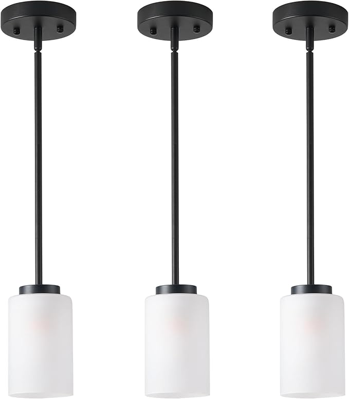 2 Pack Pendant Light Fixtures, Farmhouse Adjustable Kitchen Island Hanging Ceiling Lights, Black Mini Pendant Lights with White Frosted Glass Shade for Bedroom Living Room