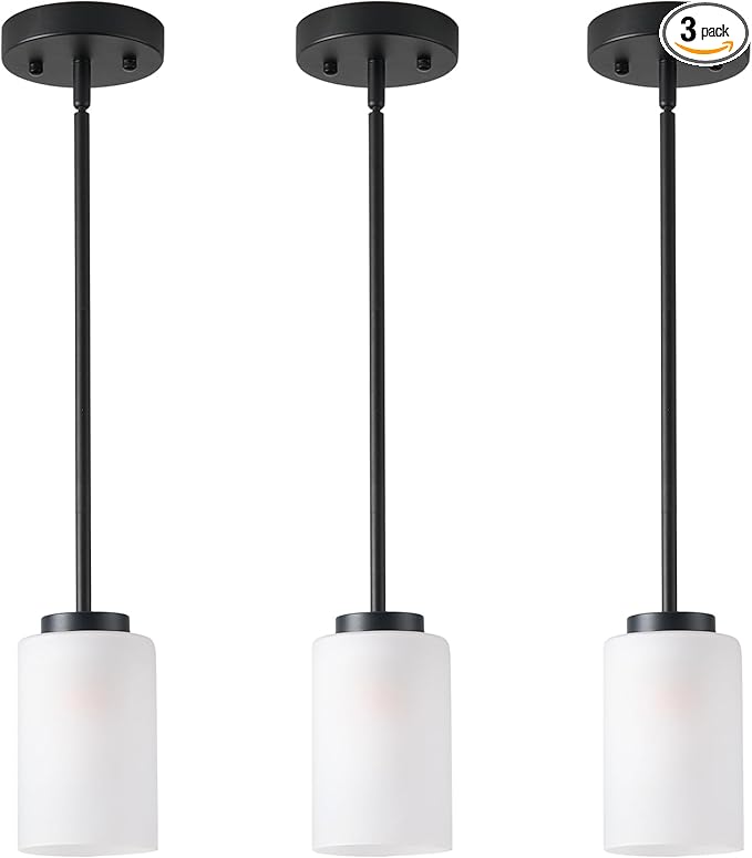 3 Pack Pendant Light Fixtures, Kitchen Island Hanging Ceiling Lights with White Frosted Glass Shades, Adjustable House Indoor Light for Bedroom Living Room, Black