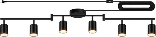 Plug in Track Lighting, LED Track Lighting Fixtures Ceiling, Black 6-Light Kitchen Light Kit, Plug in Wall Light with 14.8ft Power Cord, Rotatable Ceiling Spotlight for Bedroom(GU10 Socket, NO Bulb)