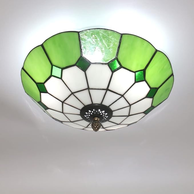 12 inch Vintage Tiffany Style Glass Flush Mount Ceiling Lighting Fixtures Retro Rural Pastoral Classical Lamp LED Chandelier Semi Flush Mount Lights Lamps (12 Inch Green)