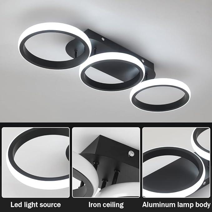Modern LED Ceiling Light, 3-Round Rings Flush Mount, 30W 6000K Cool White, Bedroom Living Room Kitchen Office Lighting