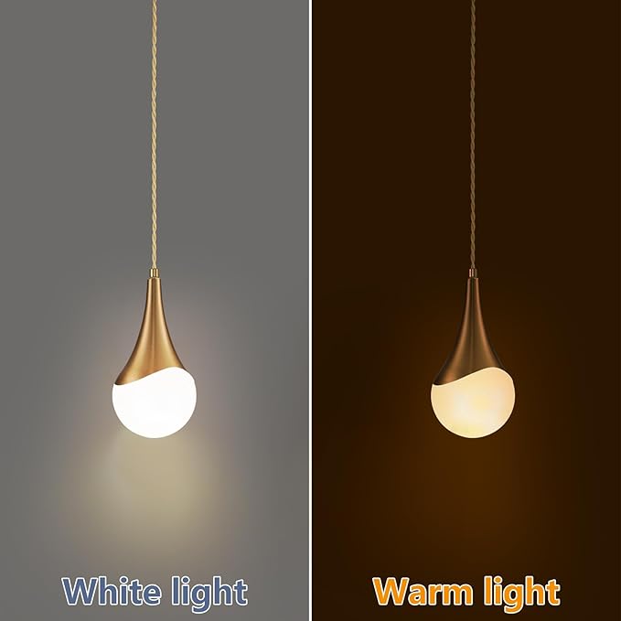 MWZ Gold Plug in Pendant Light,Hanging Lights with Plug in Cord On/Off Switch, Mini Brass Pendant Lights for Kitchen Island,1-Light Modern Raindrop Chandelier Lamps with Milky White Globe Glass Shade