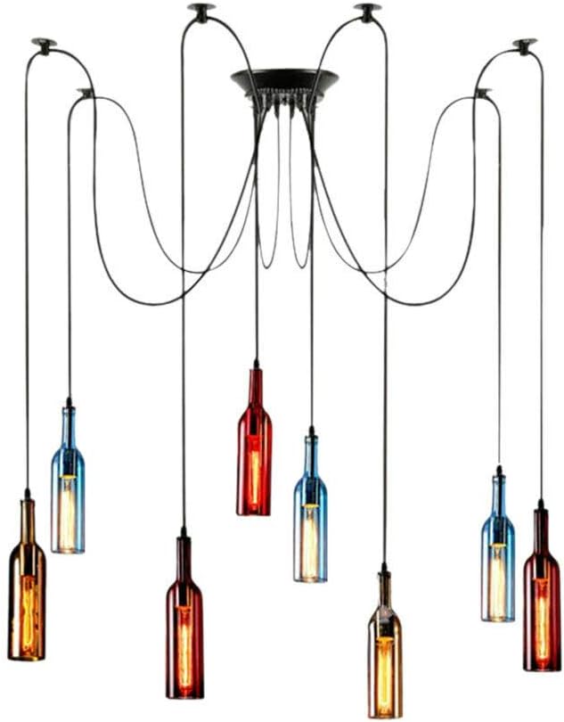 8-Head Colorful Beer Bottle Chandelier, Industrial Ceiling Light Vintage Pendant Lamp, Wine Glass Bottle Chandelier Pendant Lighting Fixture Hanging Lamp Height Adjustable, E27 Lamp Holder