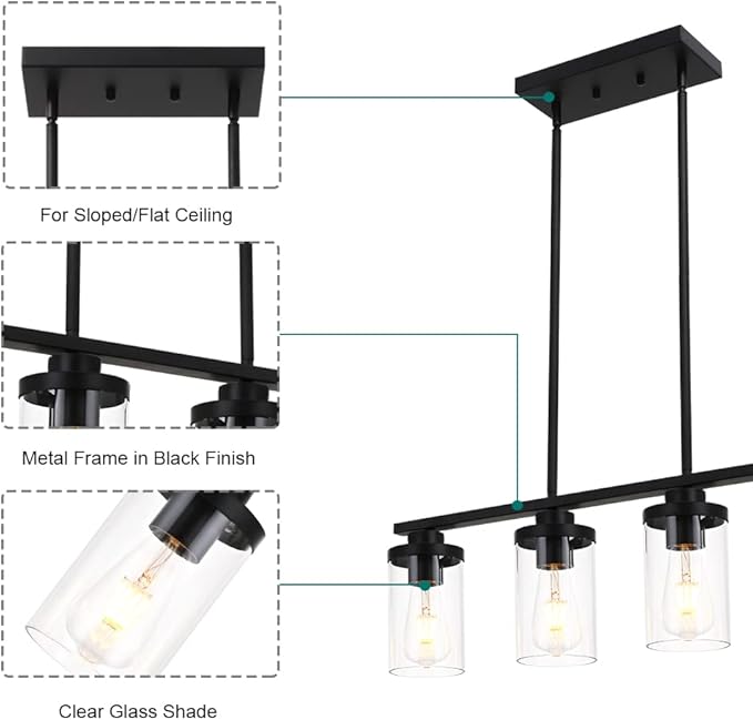 Kitchen Island Pendant Light,4-Light Dining Room Light Fixtures Over Table Vintage Black Flush Mount Ceiling Hanging Lighting with Glass Shade for Kitchen Island Dining Living Room