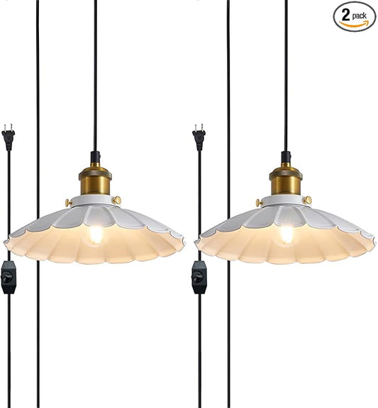 Plug in Pendant Light Industrial 9.8 Inch White Lampshade Kitchen Island On/Off Switch Hanging Lamp Plug in Adjustable 14Ft Cord Hanging Lights for Bedroom and Living Room 2Pack
