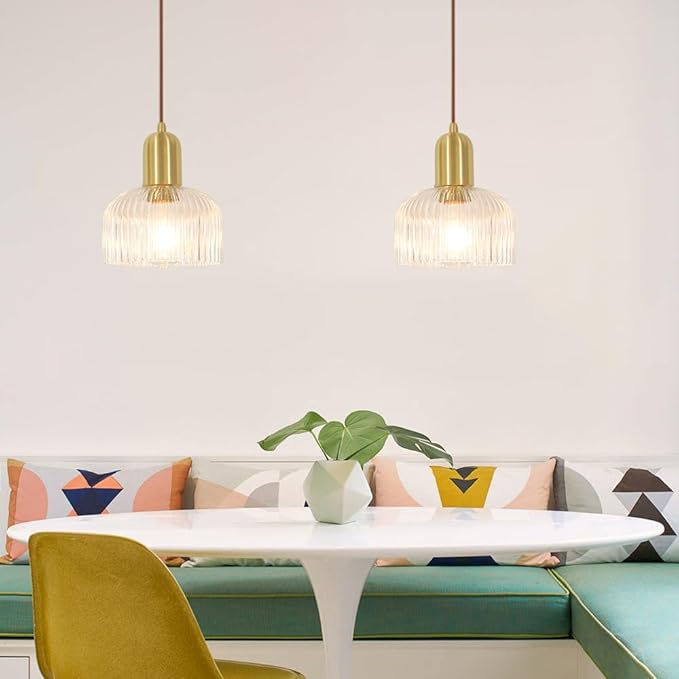 Lxybcce Mid Century Modern Glass Pendant Light, Gold Kitchen Island Pendant Light Fixture, Minimalist Brushed Brass Ceiling Hanging Lamp, Adjustable Hanging Lighting for Barthroom Dining Room Hallway