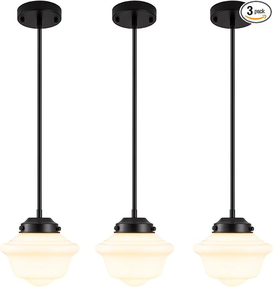 Set of 3 Schoolhouse Pendant Light, 8" Farmhouse Black Pendant Light Ceiling, Milk Glass Lamp, Modern Black Kitchen Over Island for Dinning Room Living Room