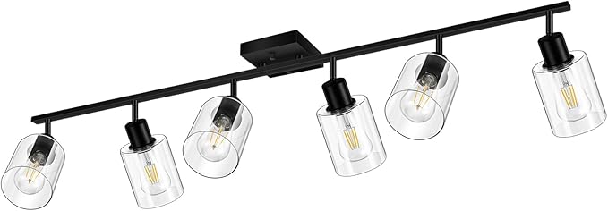 Track Lighting Fixtures Ceiling, 6-Light Track Light with Clear Glass Shade, 45" Modern Kitchen Lighting Ceiling with Rotatable Track Head, Black Wall Light for Vanity Hallway Bedroom(E26, No Bulb)