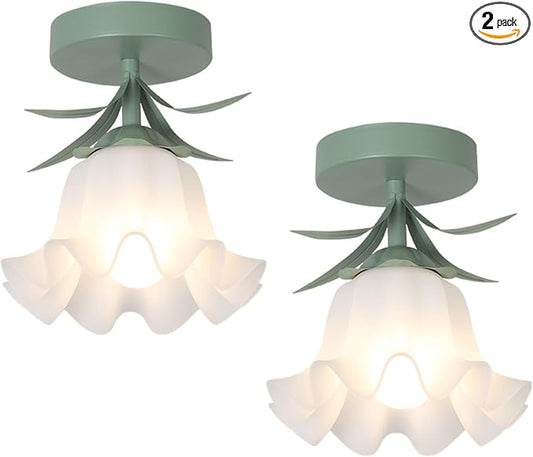 2-Pack Flower Semi Flush Mount Ceiling Light Fixture, Vintage Lily-Of-The-Valley Bathroom Light Fixtures Ceiling Mount, Small Hallway Lighting For Kitchen Sink Closet Laundry Bedroom (Bulb Included)