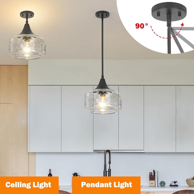 Black Pendant Lights Kitchen Island, Pendant Light with Large Thickened Glass Lampshade, Vintage Pendant Light Hanging Light Fixture for Dining Room Hallway Bedroom, E26 Base & Adjustable Cable