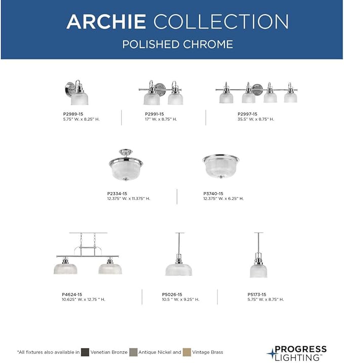 Progress Lighting P2989-15 Archie Collection Clear Double Prismatic Glass Coastal Bath Vanity, 1-Light, Polished Chrome