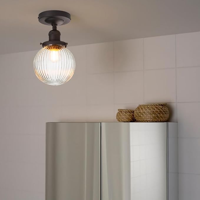 PERMO Semi Flush Mount Ceiling Light with 5.9" Globe Ribbed Glass Lampshade Vintage Matte Black Small Ceiling Light Fixture for Entry Way Bedroom Bathroom Porch