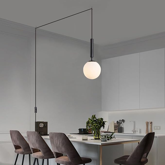KCO Lighting Modern White Glass Globe Pendant Light Nordic Plug-in Hanging Light Fixture with Adjustable Wire Postmodern Geometric Ball Chandelier for Kitchen Island Dining Room (Black)