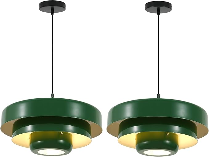 Set of 2 Green Pendant Lights, Small 3-Layer Metal Shade Chandeliers, Modern Farmhouse Island Lights for Kitchen Over Sink, Foyer, and Dining Room