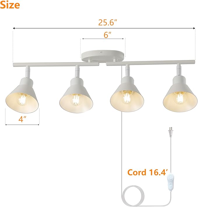 4 Light Plug in Track Lighting Kit,Modern Plug in Ceiling Light Fixture,16.4ft Cord,4 Way Ceiling Spot Lighting,Flexibly Rotatable Light Head (White)