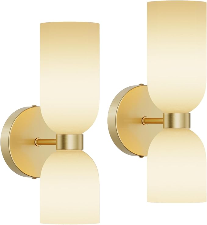 Tipace Gold Wall Sconces Set of Two,Modern Bathroom Sconce with Milky White Glass,Hardwired Wall Light Fixtures for Bathroom Living Room Bedroom Hallway,E12 Base(Bulbs Not Included)