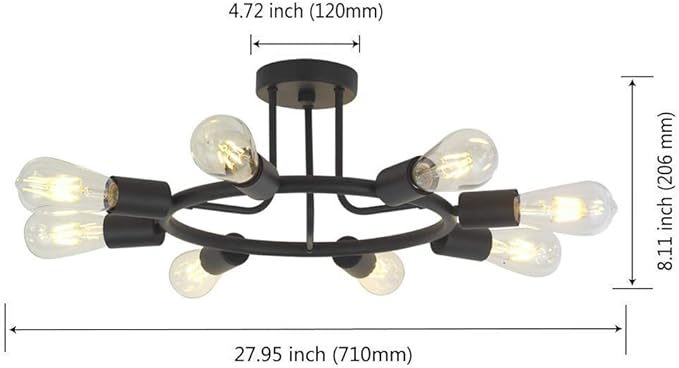 BONLICHT 8 Lights Semi Flush Mount Sputnik Ceiling Light Modern Metal Chandelier Lighting Black Industrial Vintage Sputnik Light Fixtures for Kitchen Island Dining Room Foyer Bedroom
