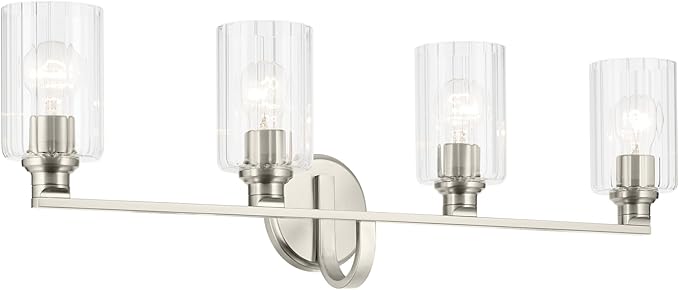 Kichler Gioe 32.25" 4-Light Bathroom Vanity Light Fixture with Clear Fluted Glass in Brushed Nickel, Damp Rated for Bathroom, Powder Room, Over Mirror (32.25" W x 10.5" H), 55227NIFLU