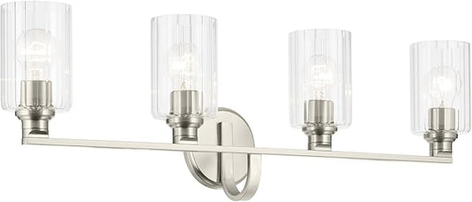 Kichler Gioe 32.25" 4-Light Bathroom Vanity Light Fixture with Clear Fluted Glass in Brushed Nickel, Damp Rated for Bathroom, Powder Room, Over Mirror (32.25" W x 10.5" H), 55227NIFLU