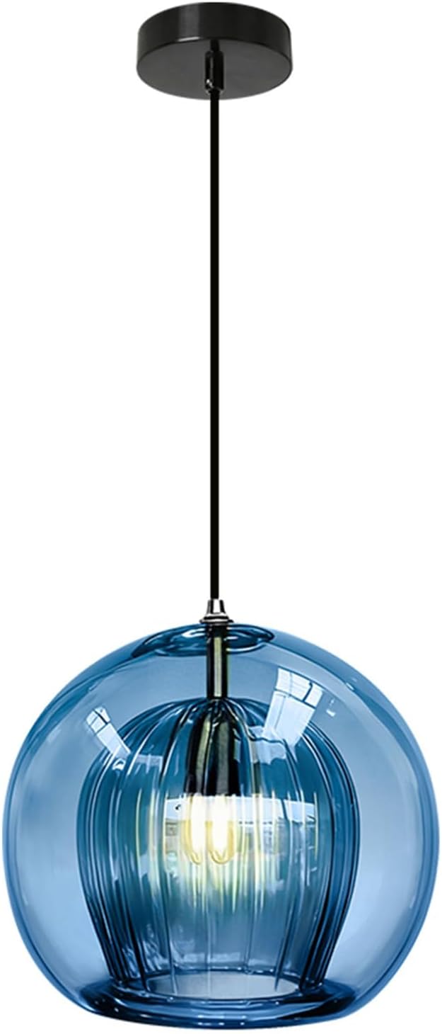 Globe Pendant Light Vintage Blue Glass Pendant Light Mid Century Modern Pendant lamp with 2-Layer Blown Glass Shade Ceiling Hanging Light for Kitchen Living Dining Room Farmhouse