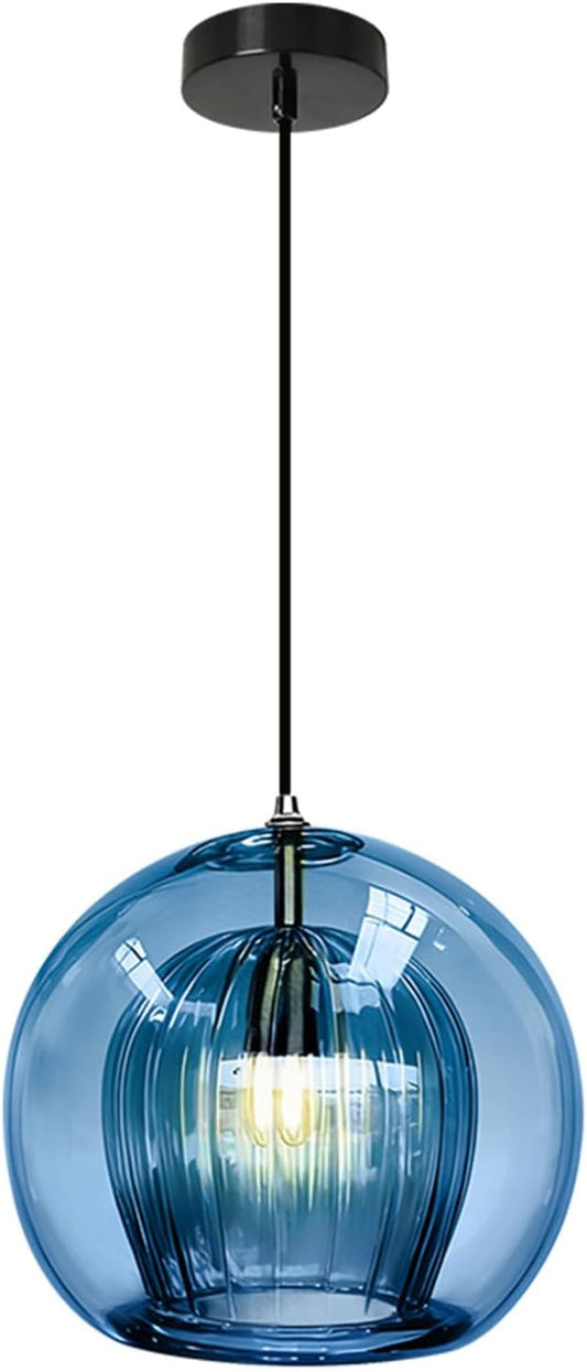 Globe Pendant Light Vintage Blue Glass Pendant Light Mid Century Modern Pendant lamp with 2-Layer Blown Glass Shade Ceiling Hanging Light for Kitchen Living Dining Room Farmhouse